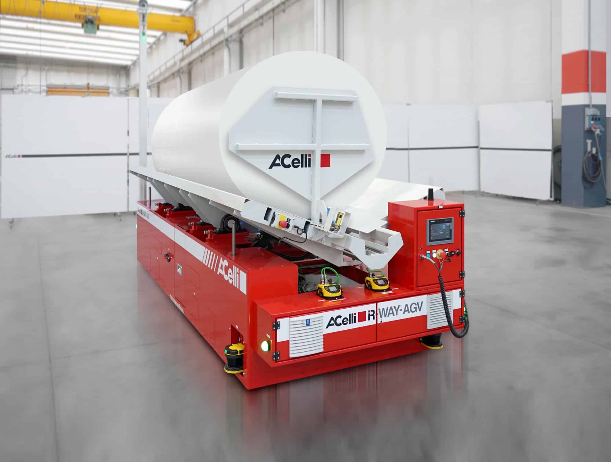 AGV a sogliola omnidirezionale con piano ribaltabile, progettato per le operazioni di fine linea.
